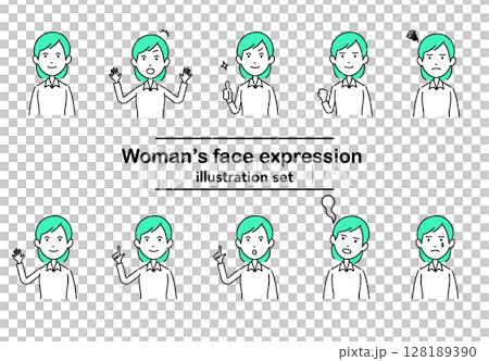 Stock Illustration: Green-haired woman's emotional expression set | Vector line drawing style 128189390