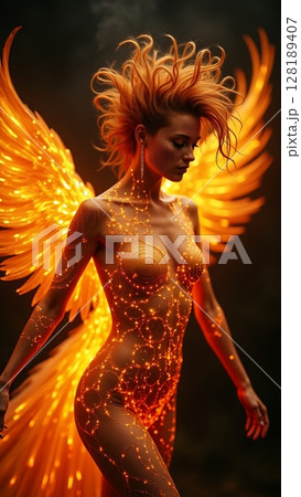 Beautiful woman, fiery glowing wings, luminous body patterns. 128189407
