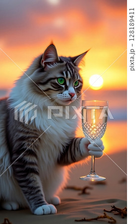 Fluffy cat with green eyes holds a drink on a sandy beach at sunset. 128189411