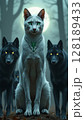 A majestic white cat with green eyes leads black wolves in a mystical forest at night. 128189433
