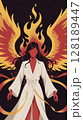 Stylized illustration of a woman with fiery phoenix wings. Dark background. 128189447