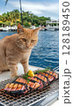 An orange cat stands near a grilled fish on a boat deck. Seafood feast. 128189450