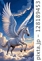 Majestic white pegasus soaring among soft clouds in a bright blue sky. 128189453