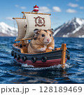 Cute hamster sailing a small boat on a big lake, mountains in background. 128189469