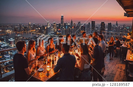 Group of people are gathered on a rooftop, enjoying a meal and drinks. The atmosphere is lively and social, with people mingling and conversing with each other. The city skyline in the background adds 128189587