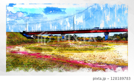スケッチ風 スケッチ 風景 キレイ 俯瞰 ドローン写真 上空 空 山 空中 浮遊 幻想的 ドローン 128189783