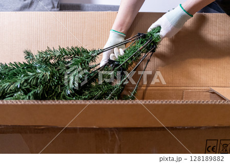 unpacking artificial christmas tree with protective gloves in a cardboard box during holiday preparation unpacking artificial christmas tree with protective gloves in a cardboard box during holiday preparation 128189882