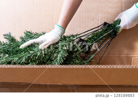 assembling artificial christmas tree from cardboard box in preparation for holiday decoration 128189883