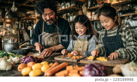 Asian family cooking together in rustic kitchen, chopping vegetables and smiling, joyful home bonding activity in warm atmosphere Asian family cooking together in rustic kitchen, chopping vegetables and smiling, joyful home bonding activity in warm atmosphere 128189998