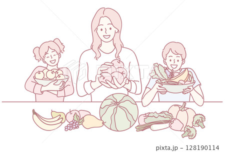 A Family Happily Enjoying Healthy Fruits and Vegetables Together in a Joyous Atmosphere 128190114