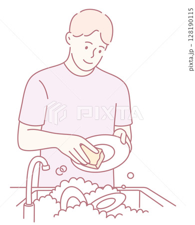 A man is happily washing dishes in a modern kitchen setting, surrounded by bubbles and comfort 128190115