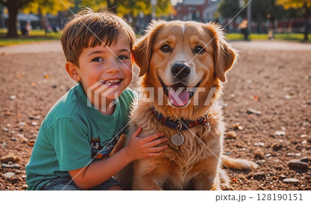 Young boy is sitting on the ground with a golden retriever dog. The boy is smiling and the dog is wagging its tail. Concept of happiness and warmth, as the boy and the dog share a special bond 128190151