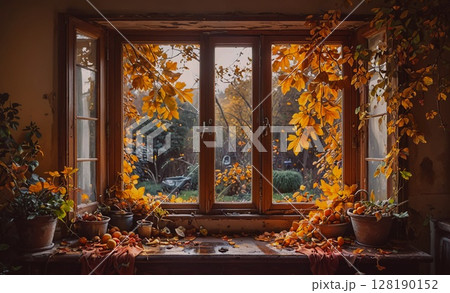 Window with a view of trees and leaves. The leaves are orange and yellow. There are potted plants on the windowsill Window with a view of trees and leaves. The leaves are orange and yellow. There are potted plants on the windowsill 128190152