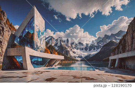 Large building with a glass facade sits next to a lake. The building is surrounded by trees and mountains in the background. The scene is serene and peaceful, with the water reflecting the sky and the 128190170