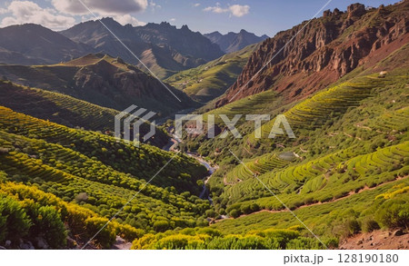 Mountain range with a river running through it. The valley is lush and green, with many trees and bushes. The sky is clear and sunny, creating a peaceful and serene atmosphere Mountain range with a river running through it. The valley is lush and green, with many trees and bushes. The sky is clear and sunny, creating a peaceful and serene atmosphere 128190180