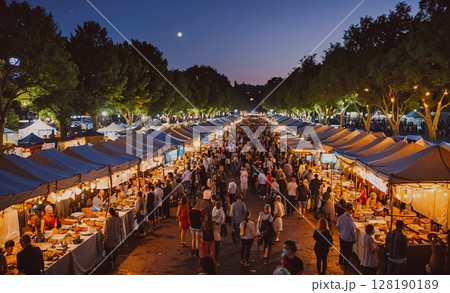 Large crowd of people are walking down a street at night. The street is lined with tents and there are many people milling about. The atmosphere is lively and bustling, with people shopping and 128190189