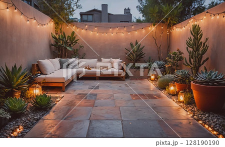 Patio with a couch, a potted plant, and a few other plants. The patio is lit up with lights and lanterns 128190190