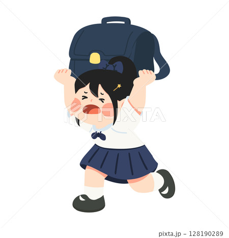Illustration of Schoolgirl Struggling with Heavy Backpack 128190289