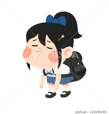 Illustration of Tired Schoolgirl with Backpack Illustration of Tired Schoolgirl with Backpack 128190290