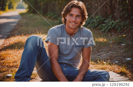 Man is sitting on the ground with his legs crossed and a smile on his face. He is wearing a grey shirt and blue jeans 128190292