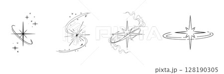 Abstract y2k line star, tattoo aesthetic doodle or sketch. Sparkle swirl silhouette line light, move, trail. Retro space orbit geometric Abstract y2k line star, tattoo aesthetic doodle or sketch. Sparkle swirl silhouette line light, move, trail. Retro space orbit geometric 128190305