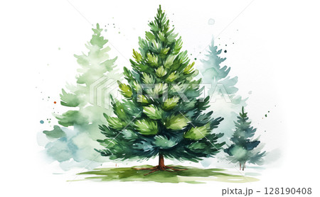 Watercolor card with Christmas tree and winter forest on a white background. 128190408