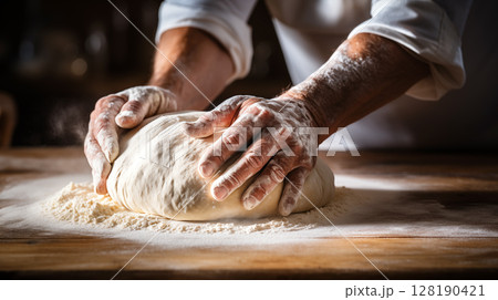 Hands of baker kneading dough isolated on black background. Bakers hands kneading dough for bread 128190421