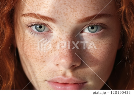 portrait of a young woman with freckles and green eyes 128190435