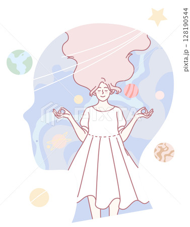 Exquisite Illustration of a Dreamy Woman Meditating Surrounded by Cosmic Elements Exquisite Illustration of a Dreamy Woman Meditating Surrounded by Cosmic Elements 128190544