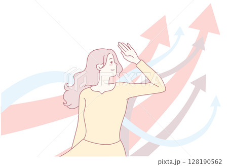 Empowering Growth A Woman Surrounded by Rising Arrows and Waves Symbolizing Success Empowering Growth A Woman Surrounded by Rising Arrows and Waves Symbolizing Success 128190562
