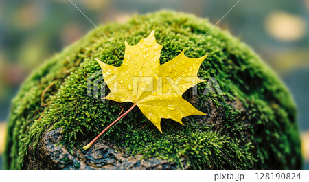 Bright yellow maple leaf rests on green mossy stone during autumn rain, beautiful fall season background with water drops, nature wallpaper concept close up 128190824