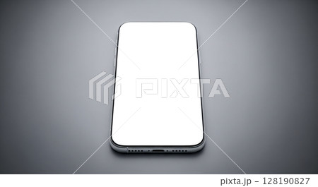 Smartphone mockup with blank white screen top view on grey background, modern mobile phone flat lay with window shadow overlay for presentation 128190827