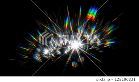 Rainbow sparkle overlay with light burst effect, abstract glitter explosion with colorful rays on black background for festive design projects 128190831
