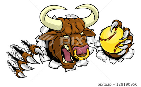 Bull Minotaur Longhorn Cow Softball Mascot Cartoon 128190950