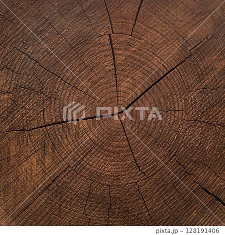 茶褐色のきめ細かい木目のひび割れた年輪が見える板の正方形の背景画像 128191406