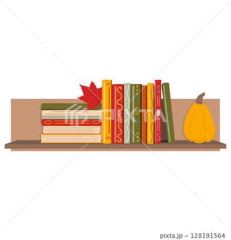 Autumn bookshelf with books and pumpkin. 128191564