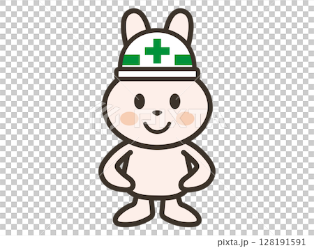 腰に手を当てて立つ工事現場のうさぎさんのイラスト 128191591