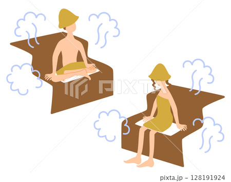 サウナ室で座る男女のイラストセット 128191924