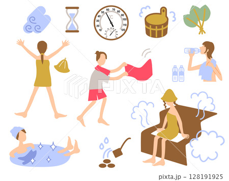 サウナ関連グッズと女性イラストセット 128191925