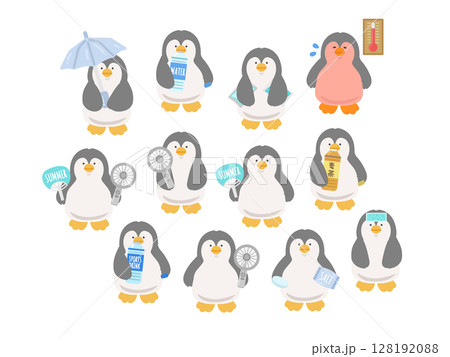 ペンギン　熱中症対策　イラストセット 128192088