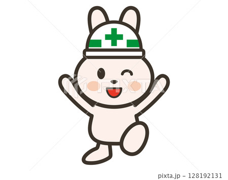 バンザイをして喜ぶ工事現場のうさぎさんのイラスト 128192131