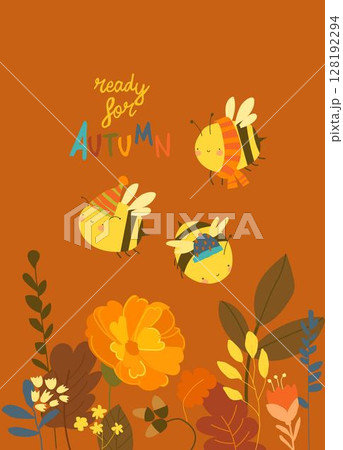 Cute Little Bees wearing Scarves and Hats flying above Autumn Flowers Cute Little Bees wearing Scarves and Hats flying above Autumn Flowers 128192294