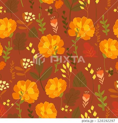 Seamless Pattern with Orange and Yellow Autumn Flowers on Red Background Seamless Pattern with Orange and Yellow Autumn Flowers on Red Background 128192297
