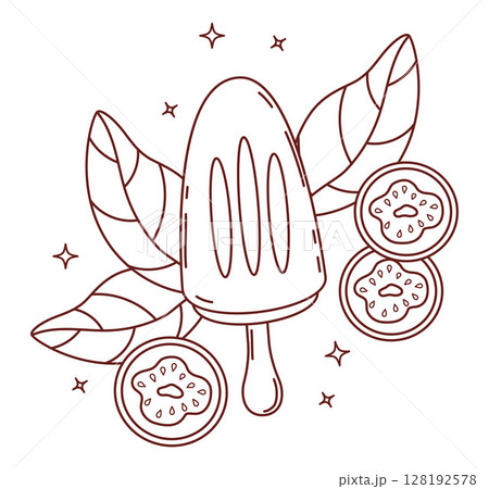 Outline Guava ice cream stick and tropical fruit slices with leaves. Line drawing, coloring book. Vector illustration. Exotic food, sweet dessert for summer, menu design, packaging and healthy themes 128192578