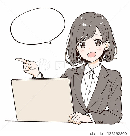 【フキダシ】笑顔で案内する若い女性と吹き出し 【フキダシ】笑顔で案内する若い女性と吹き出し 128192860