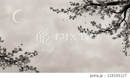 【水墨調の桜と三日月】余白を活かしたモノトーン和風背景デザイン 【水墨調の桜と三日月】余白を活かしたモノトーン和風背景デザイン 128193127