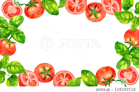 バジルとトマトのフレーム（ハーブ・野菜の手描き水彩イラスト背景素材） 128193518