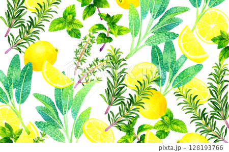 デトックスウォーターの材料（ハーブ＆レモン）の背景　手描き水彩イラスト素材 128193766