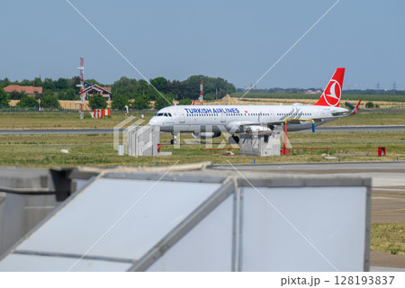 Runway of Nikola Tesla Airport in Belgrade, capital of Serbia 128193837