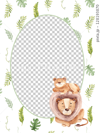 Watercolor circular summer frame with tropical leaves background and cute lion family. Vertical card template with Safari animals. For kid cards and invitations, posters, Fathers Day designs. Watercolor circular summer frame with tropical leaves background and cute lion family. Vertical card template with Safari animals. For kid cards and invitations, posters, Fathers Day designs. 128193870